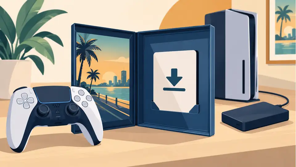 Illustration of a game controller, open game box with a download voucher, console and storage drive.