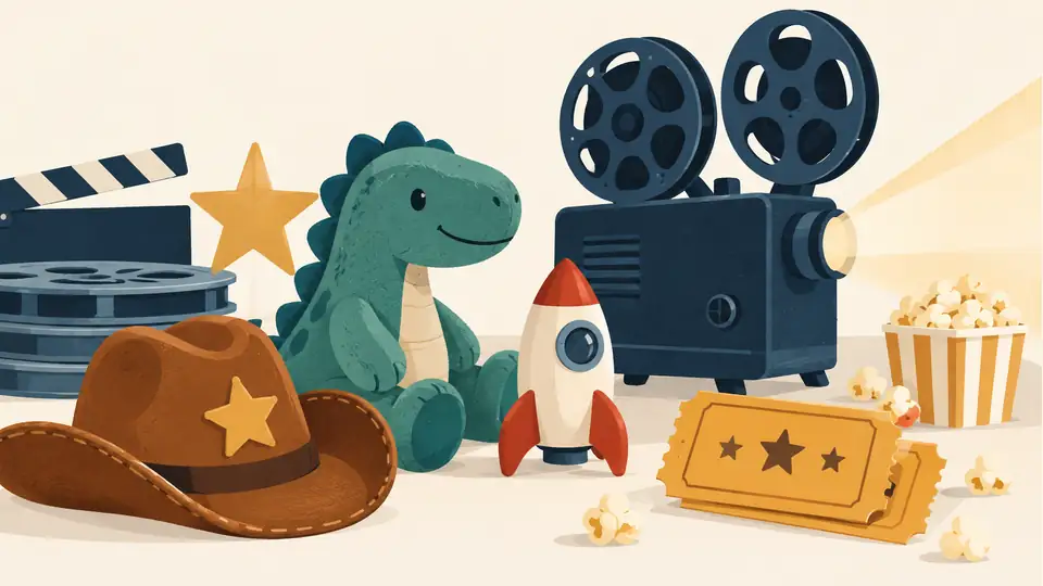 Illustration of toys beside cinema tickets and a projector.
