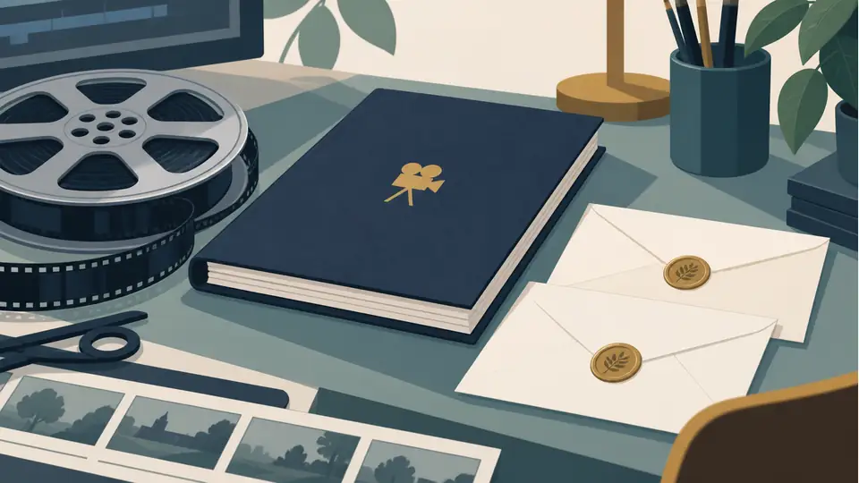 Illustration of a film reel, closed script and correspondence envelopes.