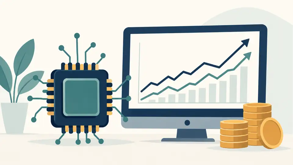 AI stocks lift Wall Street on July 21 as the rebound continues Illustration of a microchip beside a market screen and coin stack.