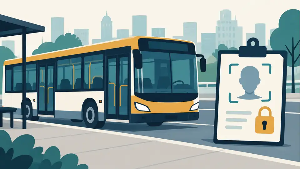 Illustration of a city bus beside a facial-scan symbol and privacy lock.
