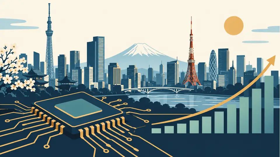 Illustration of Tokyo buildings beside a microchip and rising market line.
