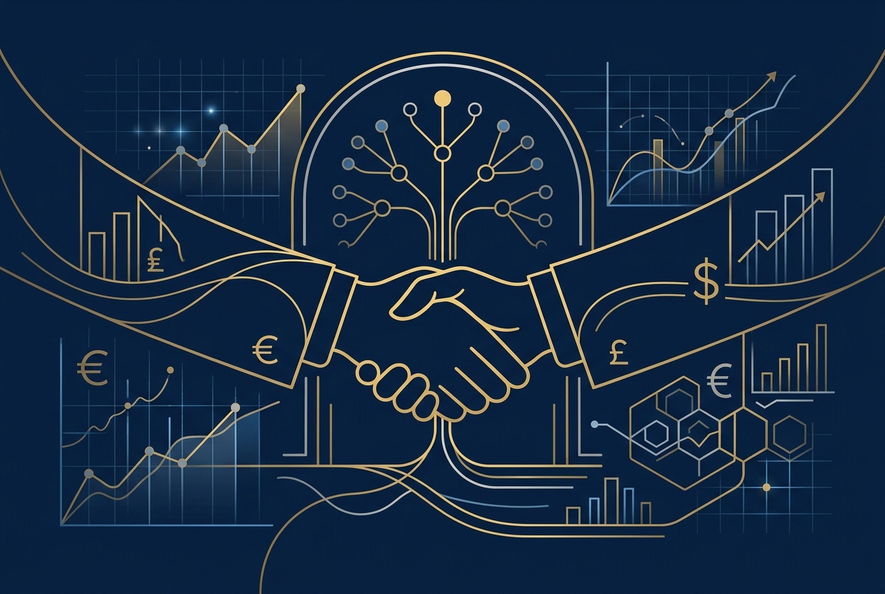 Illustration of a private banking relationship: handshake with financial charts and currency symbols on a navy blue background