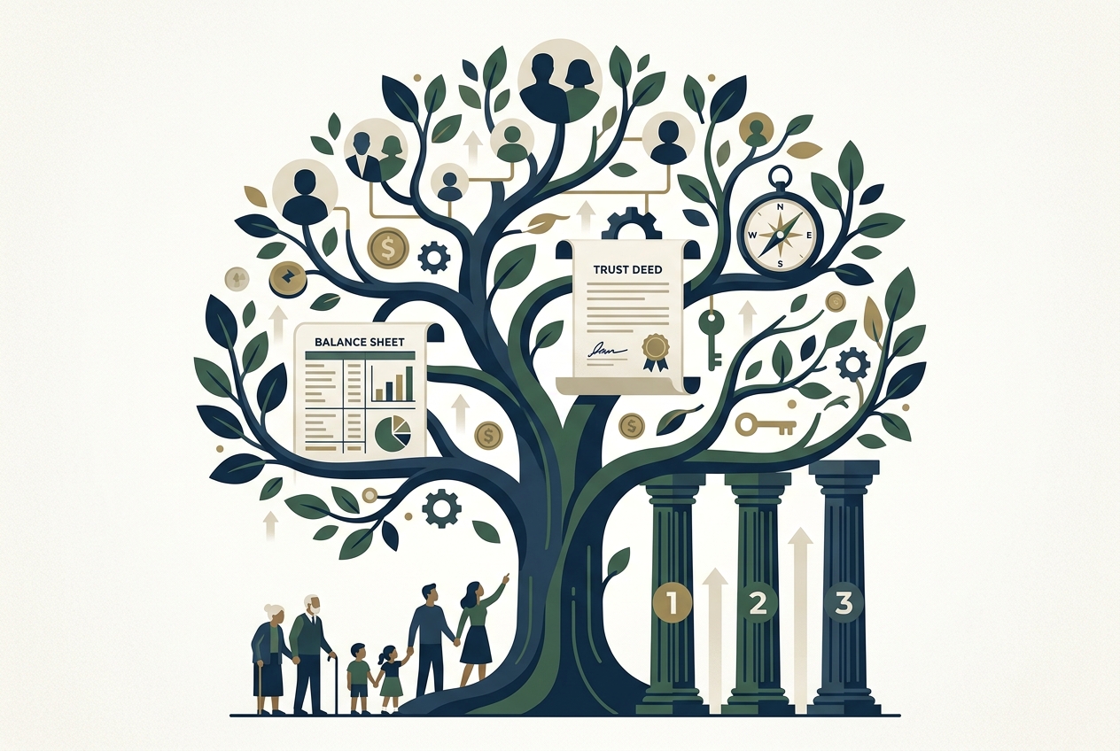 Illustration of a family tree intertwined with financial symbols including trust deeds, balance sheet, compass and generational pillars