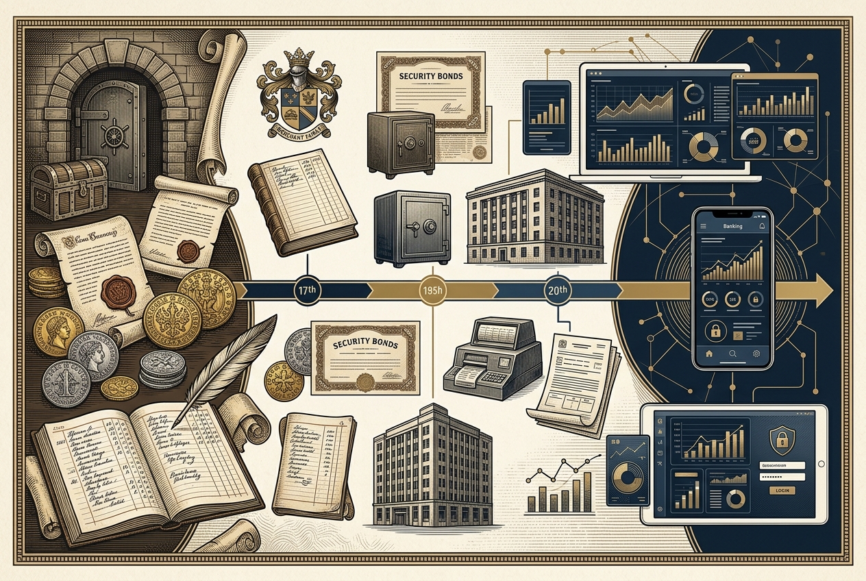 Illustration showing the history of private banking from ancient ledgers and coins to modern digital banking via a timeline