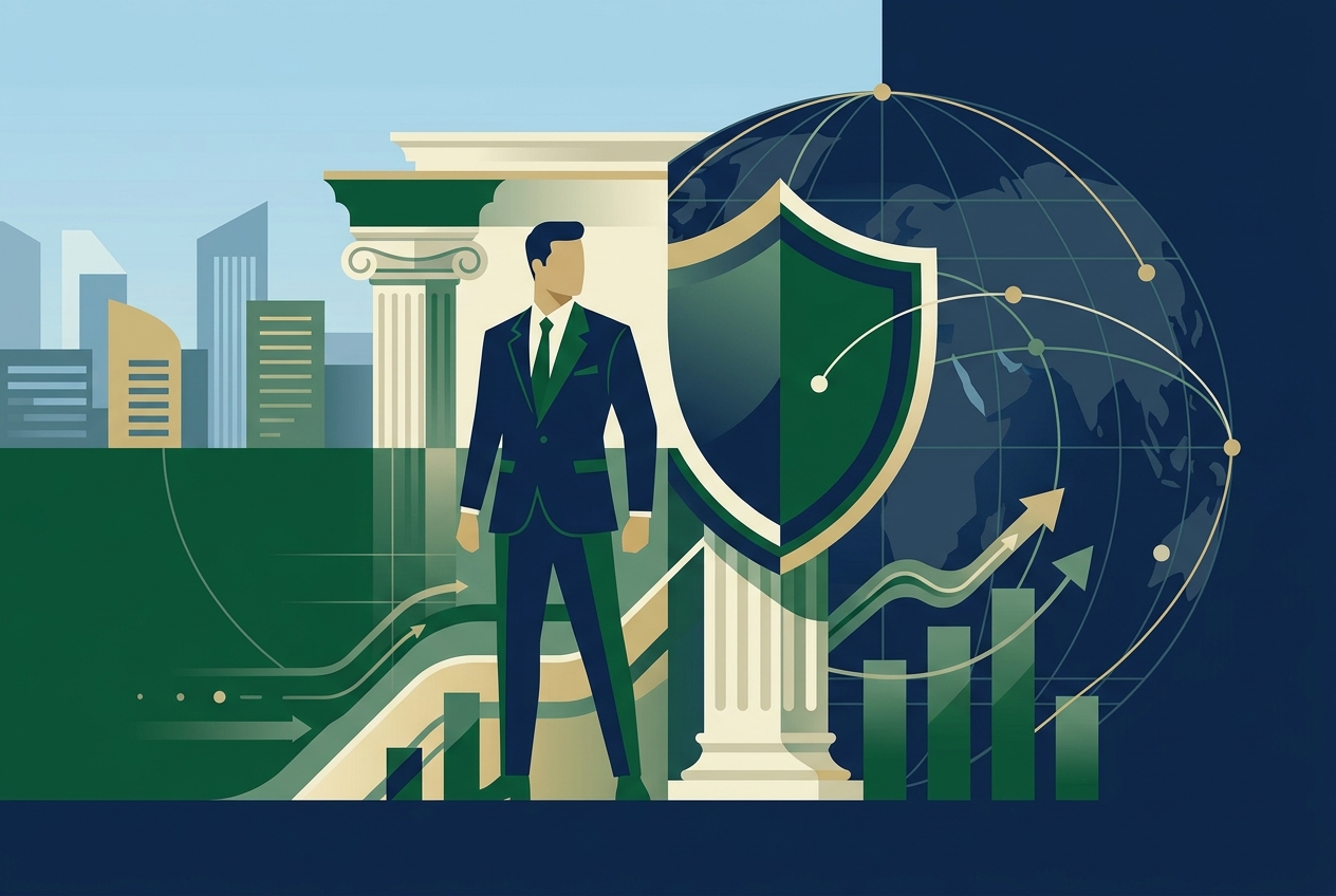 Illustration for Britannia Financial Group profile: classical column, shield motif and globe lines representing international financial reach
