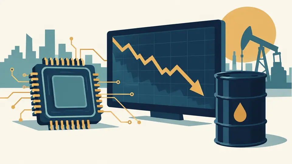 Illustration of a microchip, falling market line and oil barrel.