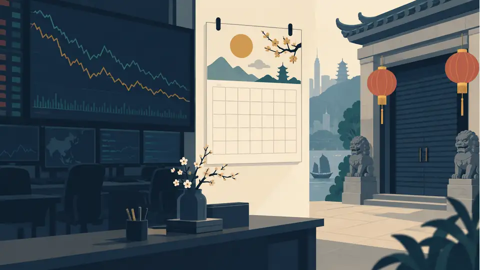Illustration of a market screen and holiday calendar beside a closed doorway.