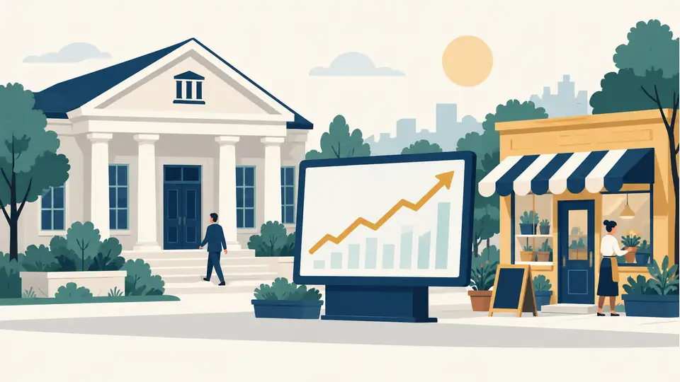 Illustration of a bank and small storefront beside a rising market line.