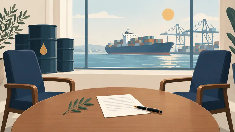 Illustration of diplomatic chairs, an agreement paper, oil barrels and a ship.