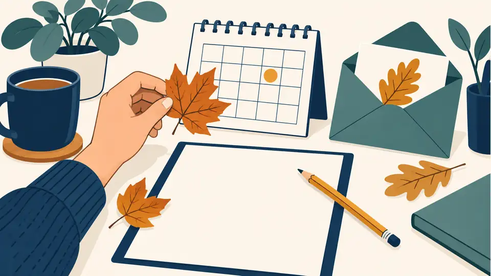 Illustration of a hand holding an autumn leaf beside a calendar, envelope and blank planning sheet.