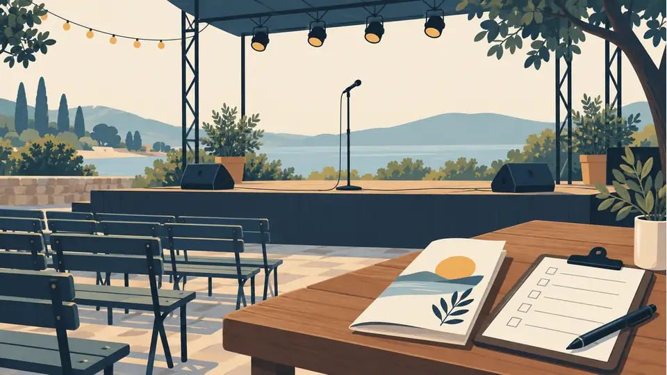 Illustration of an empty event stage, microphone and planning clipboard.