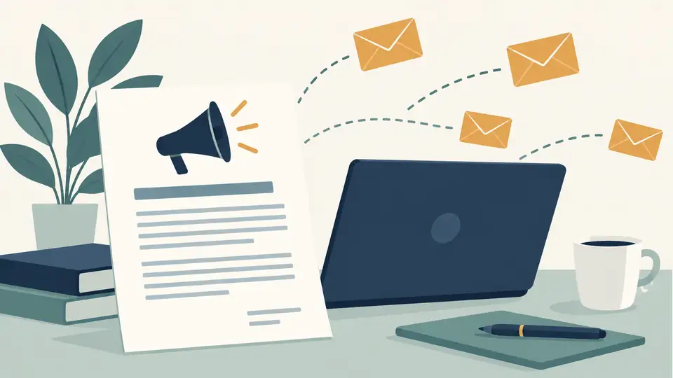 Illustration of a document, laptop and message envelopes.