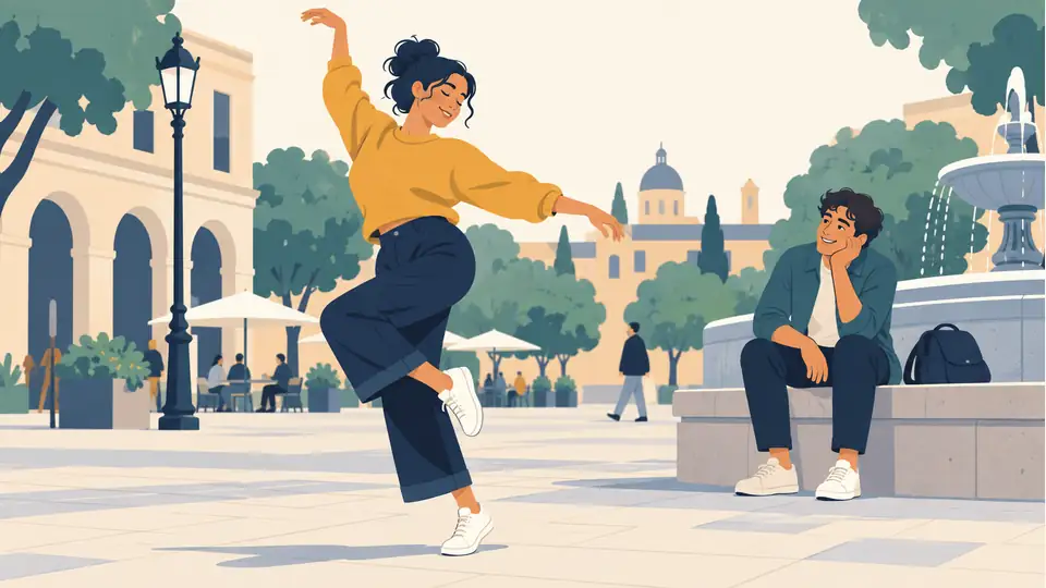 Illustration of a dancer performing in a plaza as another person watches.