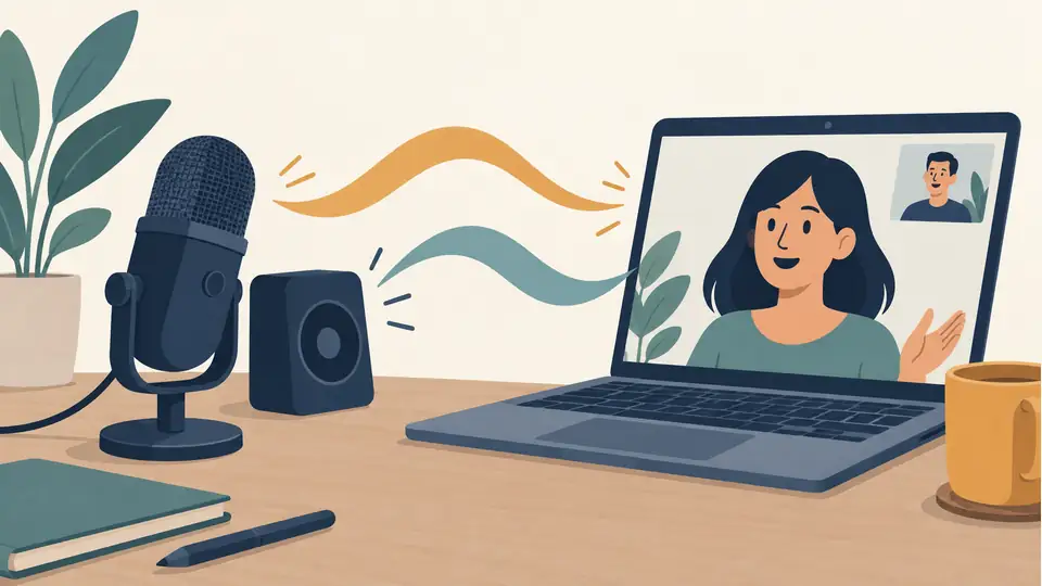 Illustration of a microphone, speaker and laptop linked by sound waves.