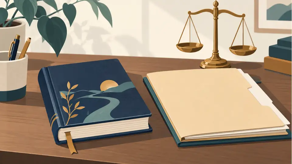 Illustration of a memoir book, case folder and legal scales.