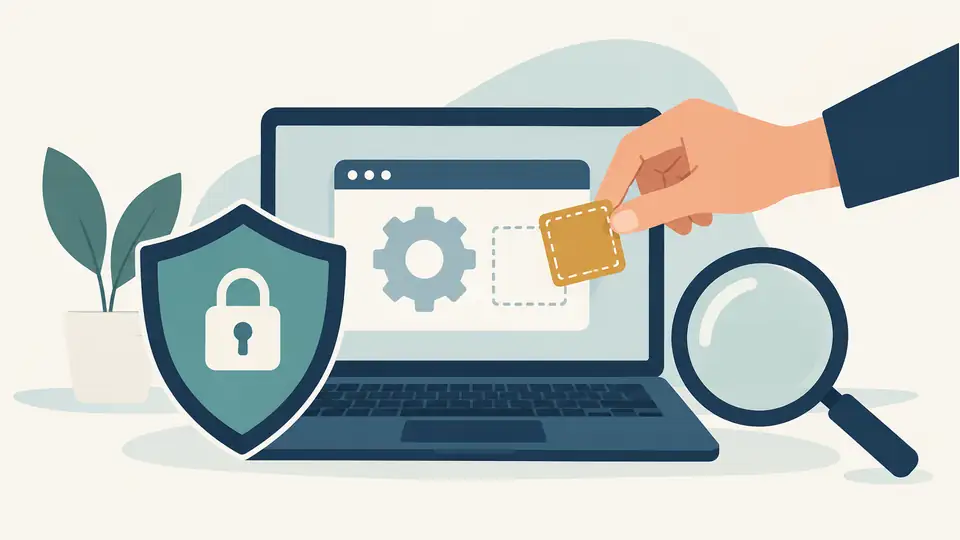 Illustration of a laptop shield, software patch and magnifying glass.