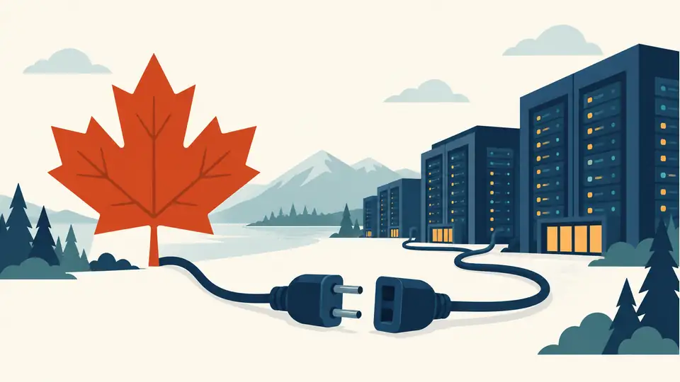 Illustration of a maple leaf, connected data centers and a cable.