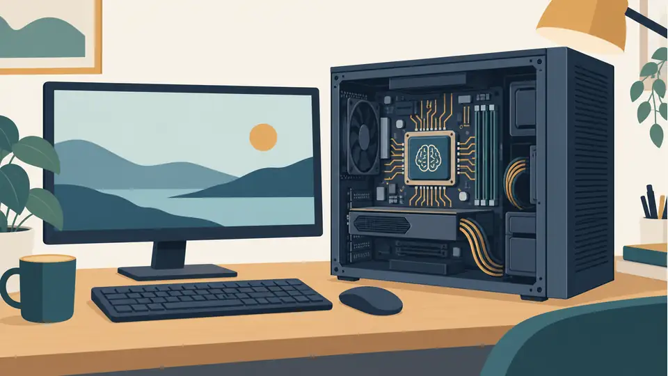 Illustration of a desktop computer, processing chip, monitor and keyboard.