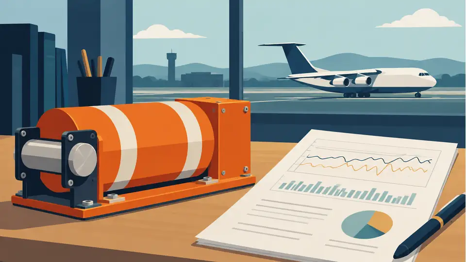 Illustration of a flight recorder and flight-data document with a cargo airplane in the background.