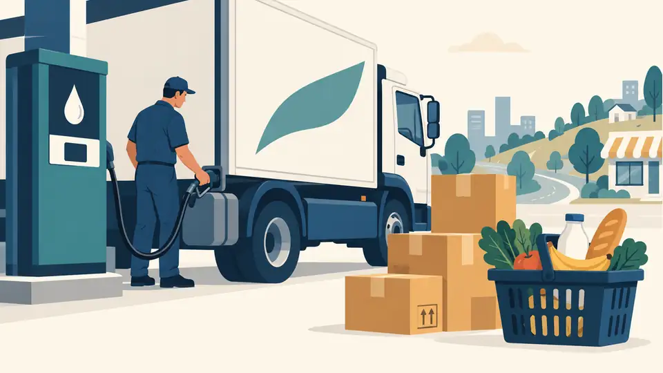 Illustration of a diesel pump, delivery truck, parcels and grocery basket.