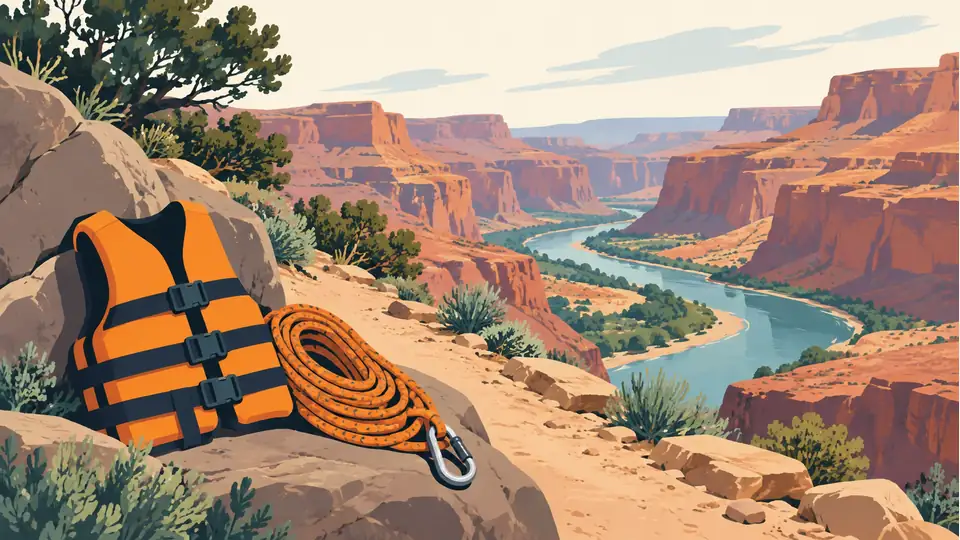 Illustration of rescue equipment beside a canyon trail and river.