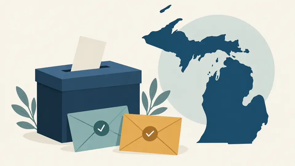 Illustration of a ballot box and endorsement envelopes beside an outline of Michigan.