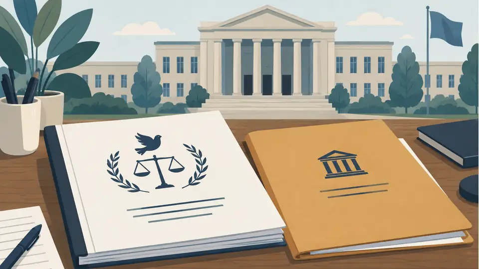 Illustration of a report and response folder beside an institutional building.
