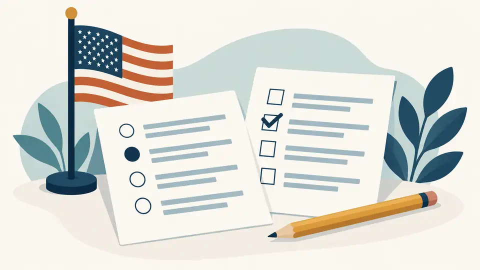 Illustration of two survey sheets, a pencil and a United States flag.