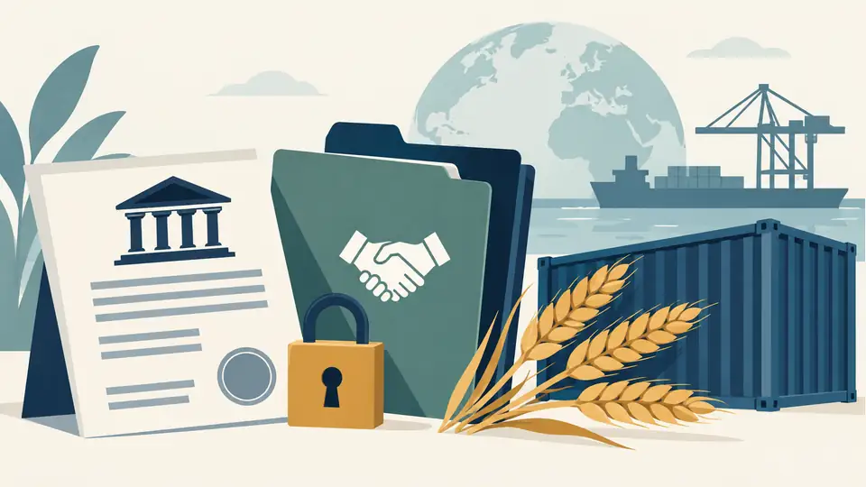 Illustration of bank documents, wheat stalks and a cargo container.