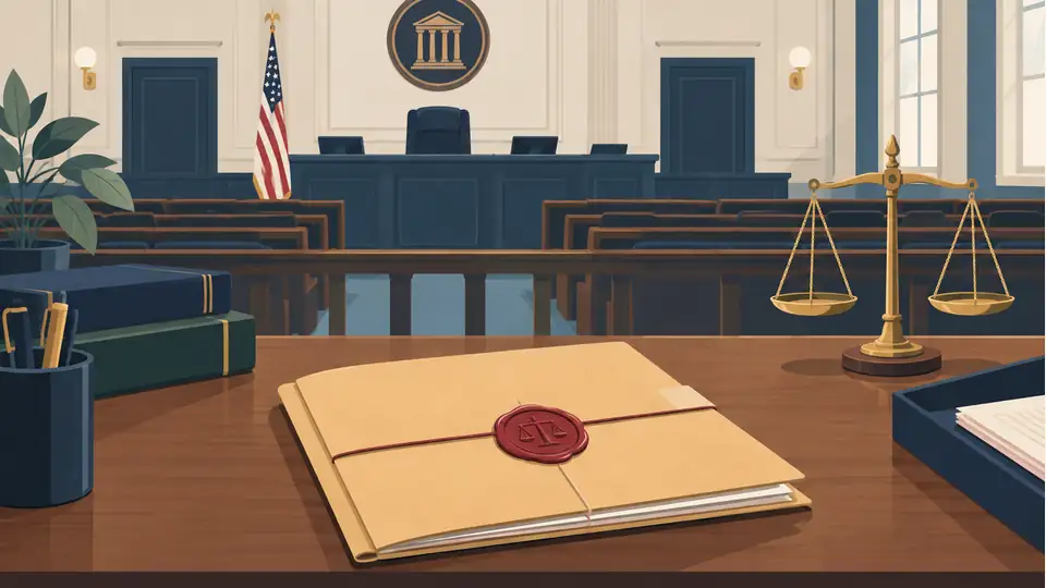 Illustration of a court folder and legal scales in an empty courtroom.