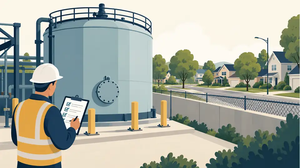 Illustration of an industrial tank and safety clipboard near a neighborhood.