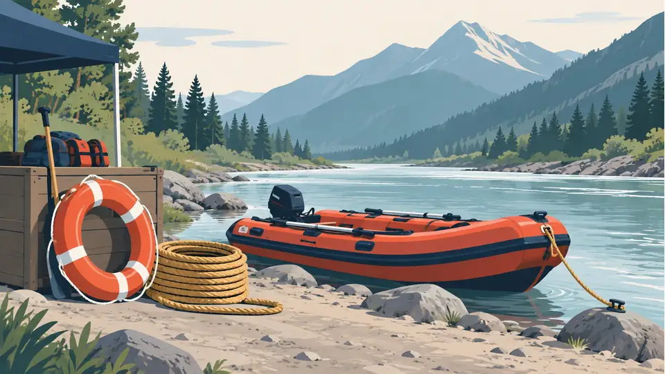 Illustration of a rescue boat and safety equipment near a mountain river.