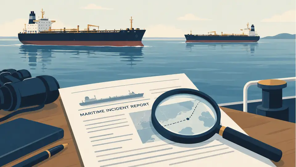 Illustration of two tankers with a maritime report and magnifying glass.