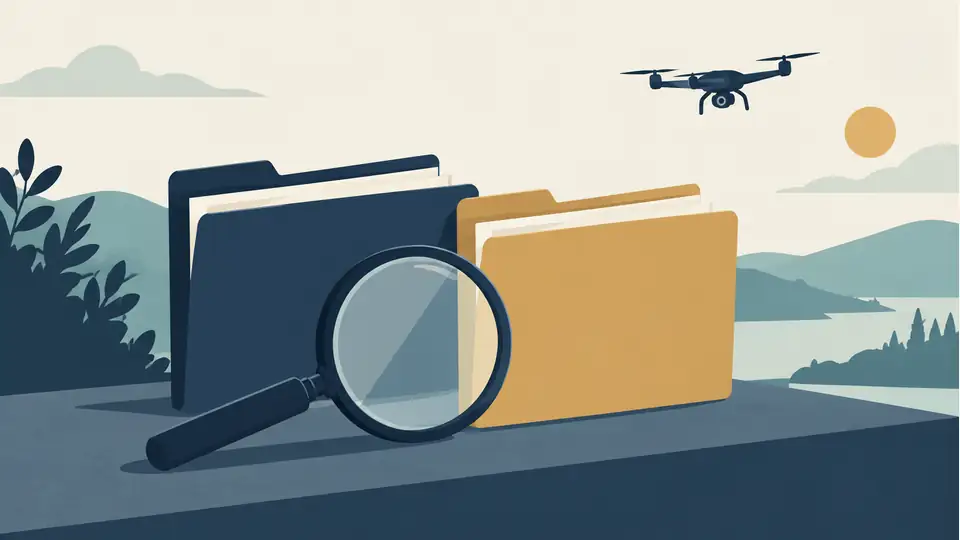 Illustration of two source folders, a magnifying glass and a distant drone.