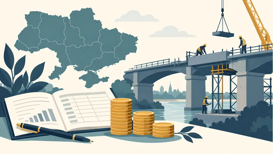 Illustration of a budget ledger, coins and bridge beside an outline of Ukraine.