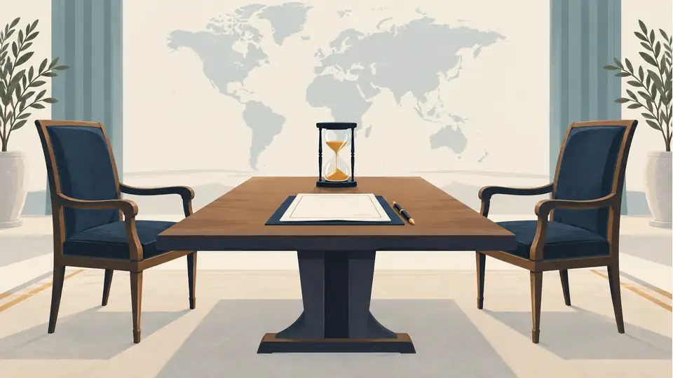 Illustration of two diplomatic chairs, an unsigned agreement and an hourglass.