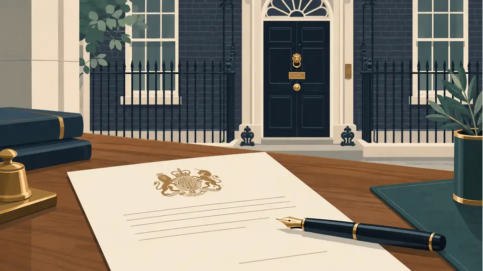 Illustration of an appointment document and pen beside a government doorway.