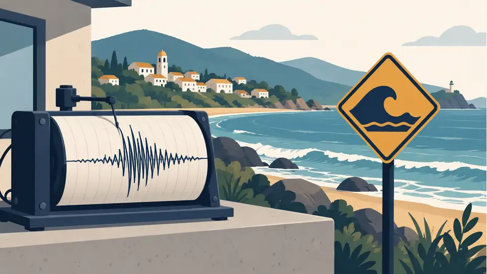Illustration of a seismograph and wave warning sign beside a coastal town.