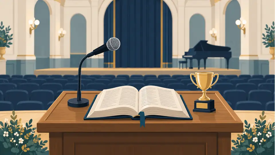 Illustration of a microphone, dictionary and trophy in an auditorium.