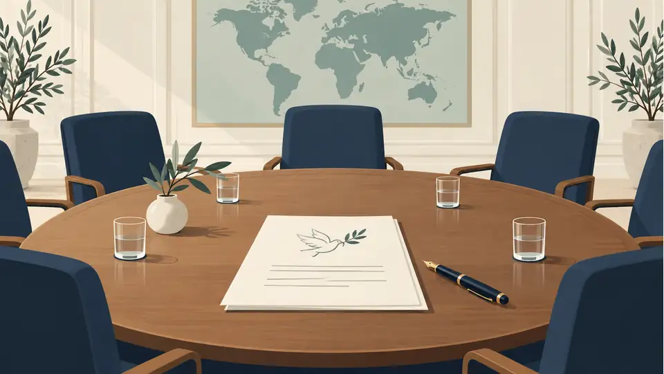 Illustration of a draft agreement and pen on a diplomatic table.